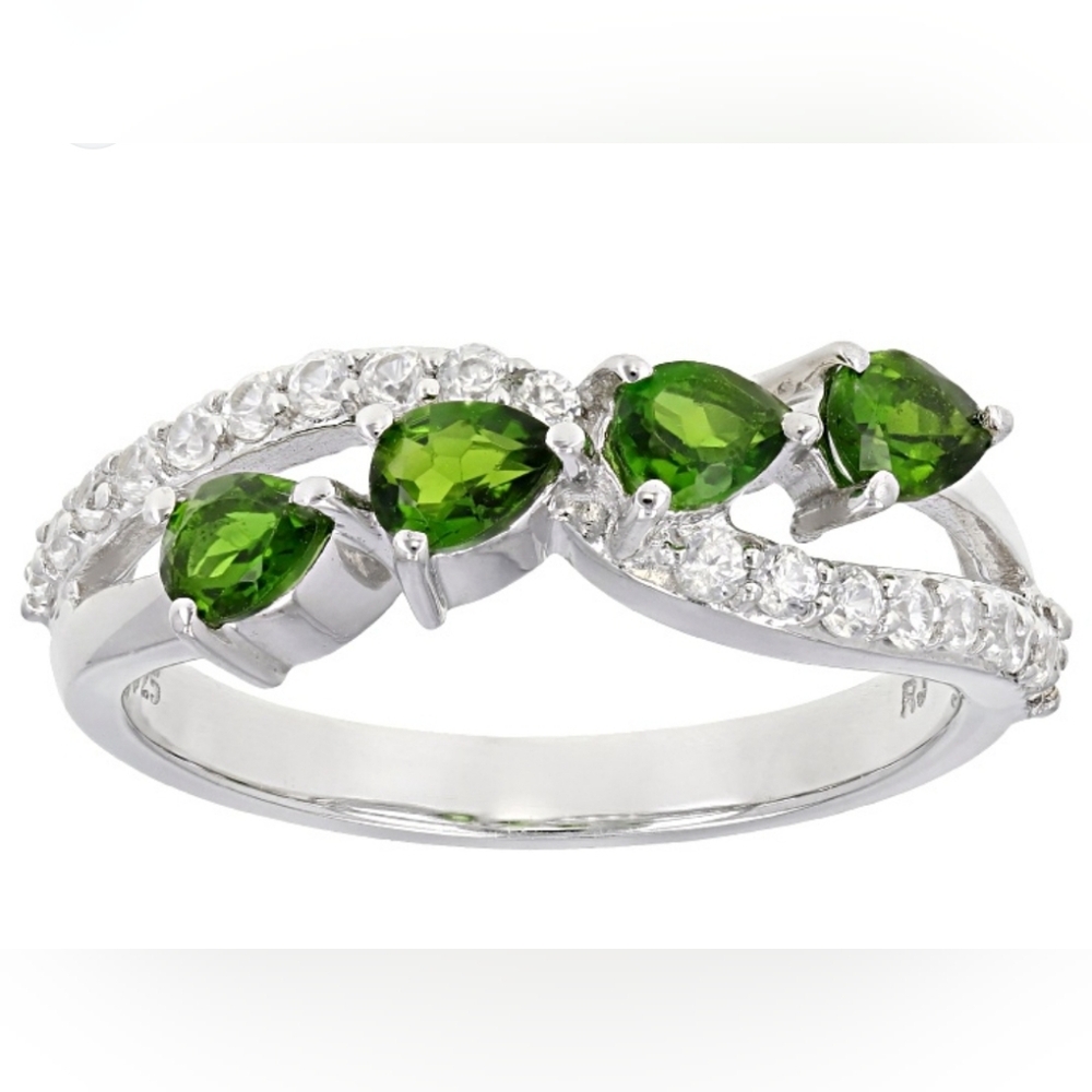 Genuine Chrome Diopside & White Zircon Ring Rhodium over Sterling Silver Sz 8!
